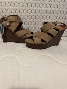 Marshalls Brown Tan Crisscross Wedge Sandals